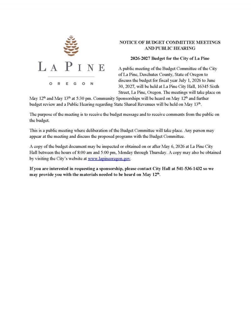 Notice of City of La Pine Budget Committee