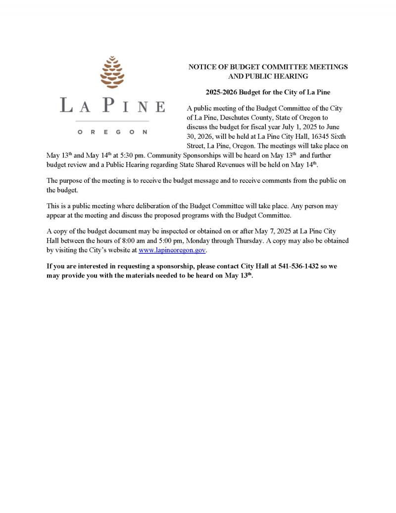 Notice of Budget Committee Meeting - City of La Pine